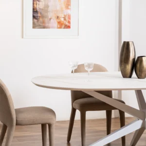 White cloud dining table with marble finish and metal base, seats 8-10, modern design