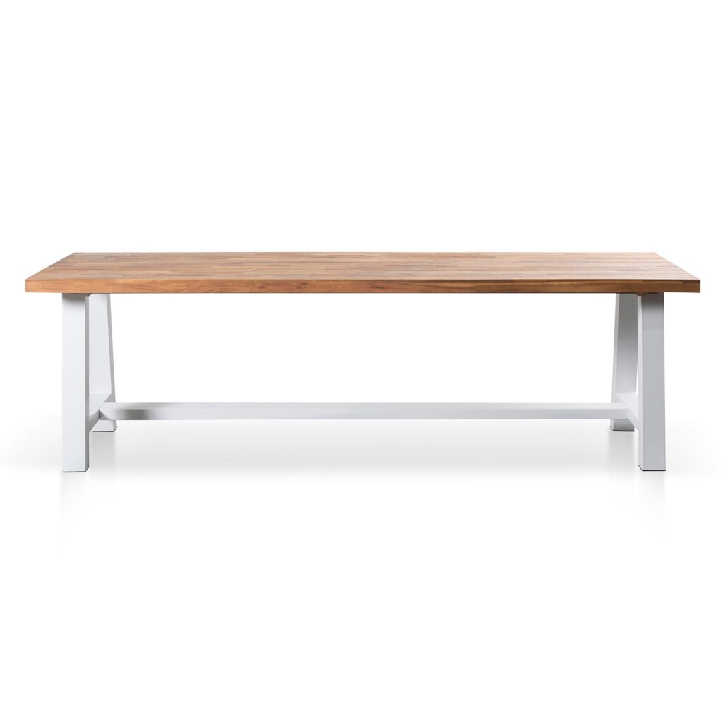 Finn 2.5m outdoor dining table with natural acacia wood top and white steel base