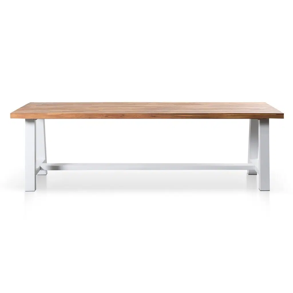 Finn 2.5m outdoor dining table with natural acacia wood top and white steel base