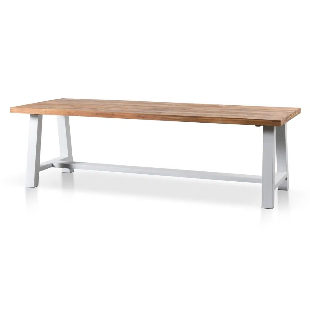Finn 2.5m outdoor dining table with natural acacia wood top and white steel base