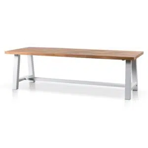 Finn 2.5m outdoor dining table with natural acacia wood top and white steel base