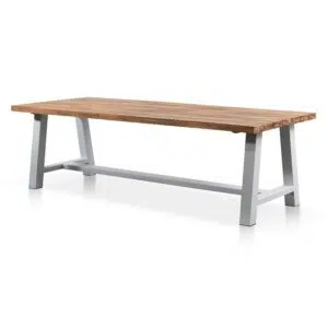 Finn 2.5m outdoor dining table with natural acacia wood top and white steel base for modern spaces
