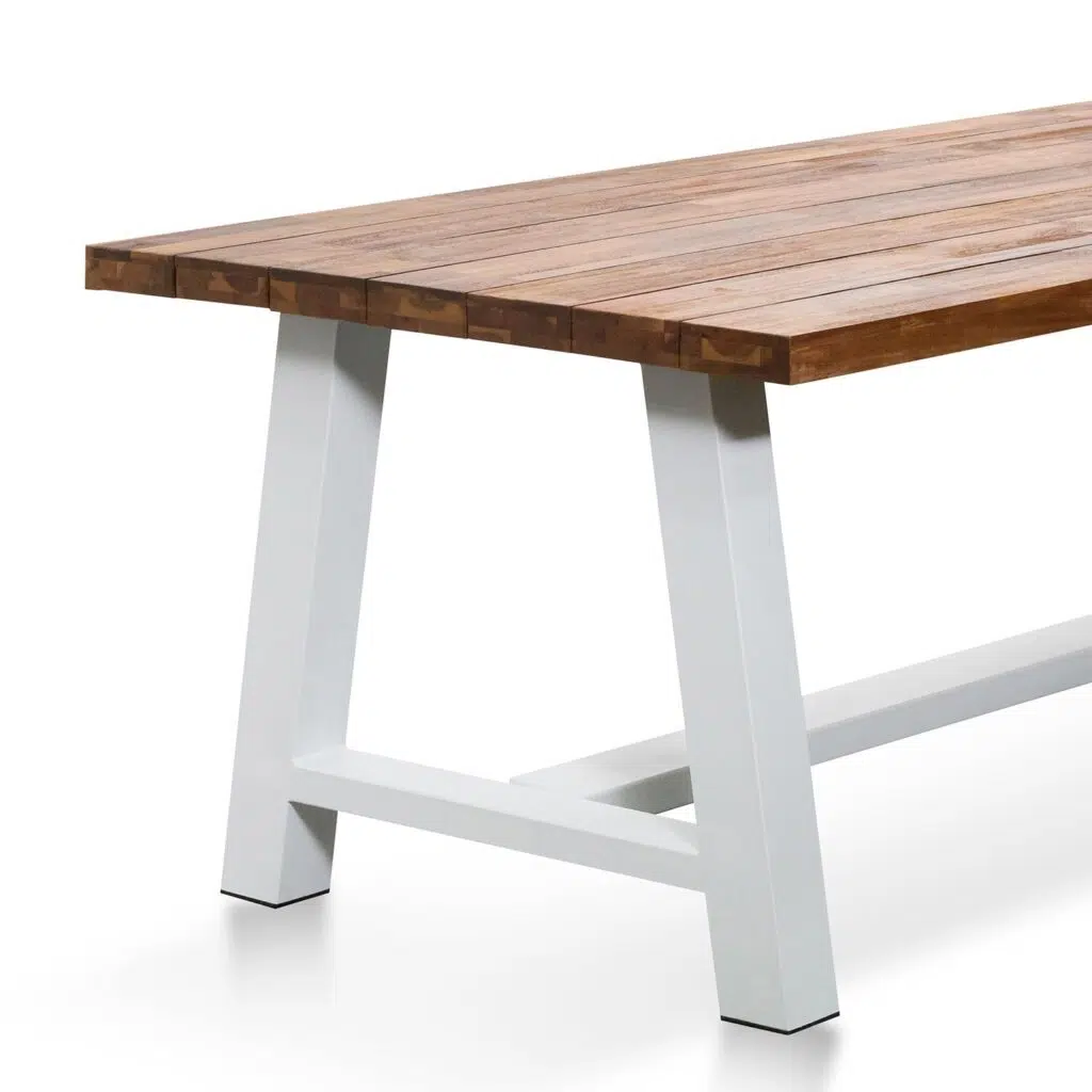 2.5m outdoor dining table with natural acacia wood top and white steel base for modern spaces