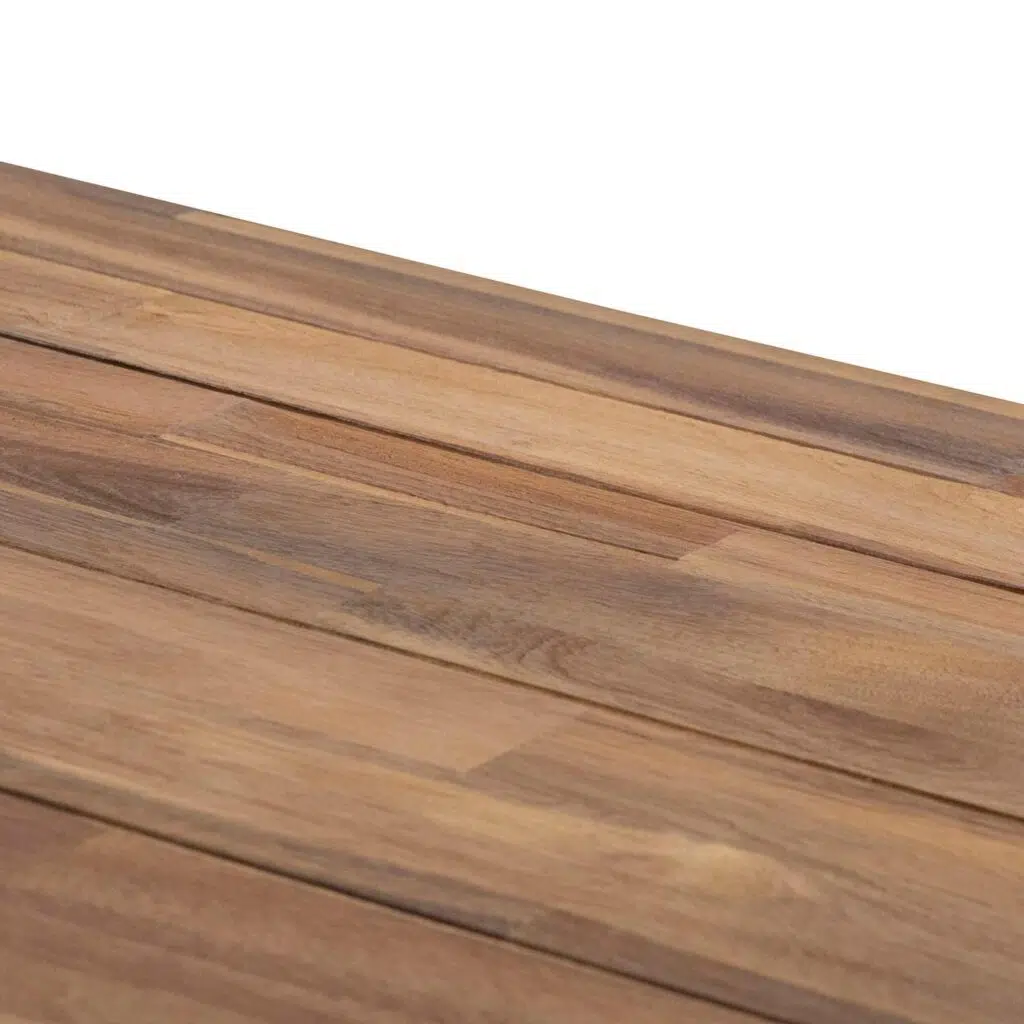 Finn 2.5m outdoor dining table with natural acacia wood top and white steel base for modern spaces