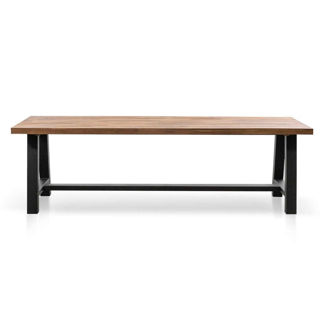 Talia outdoor dining table with natural acacia wood top and black steel base for modern spaces