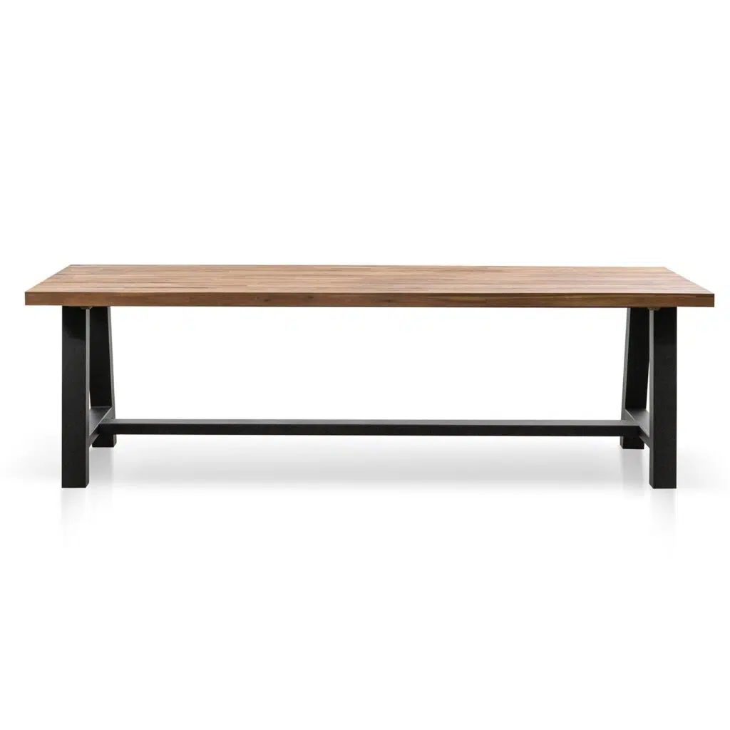Talia outdoor dining table with natural acacia wood top and black steel base for modern spaces