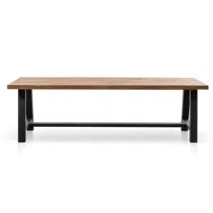 Talia outdoor dining table with natural acacia wood top and black steel base for modern spaces
