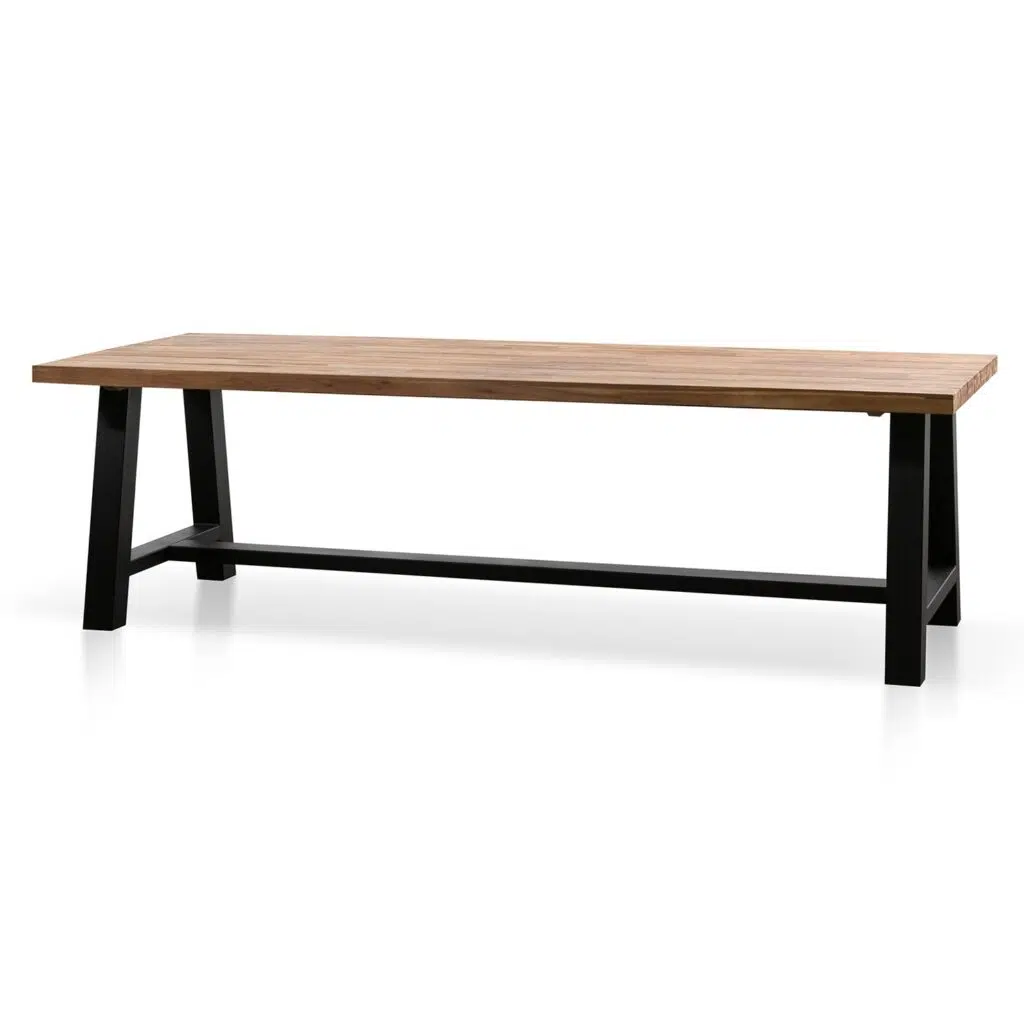 Talia outdoor dining table with natural acacia wood top and black steel base for modern spaces