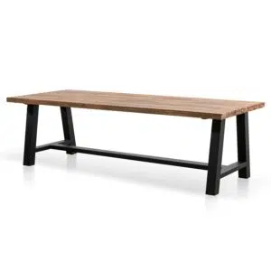 Talia outdoor dining table with natural acacia wood top and black steel base