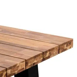 Talia outdoor dining table with natural acacia wood top and black steel base for versatile use