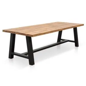 Talia outdoor dining table with natural acacia wood top and black steel base for modern spaces