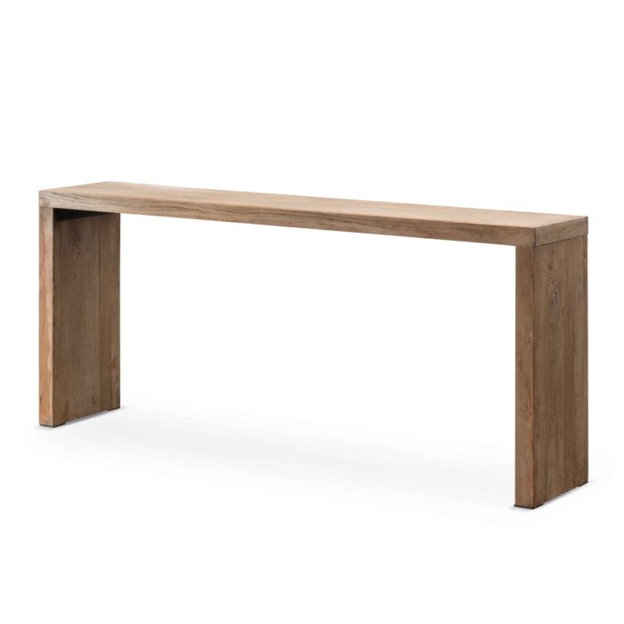 Reclaimed elm wood console table with natural finish and industrial accents for eco-friendly decor