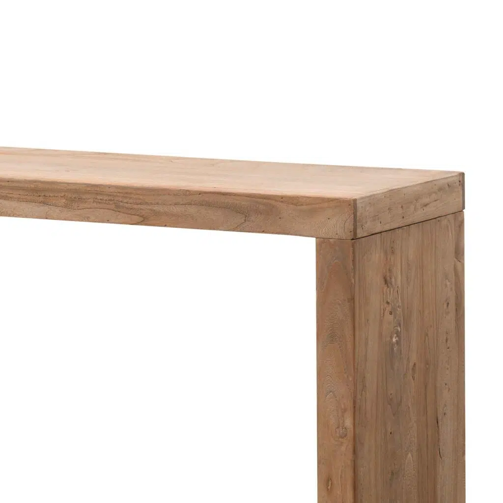 Reclaimed wood console table with natural finish and industrial accents for modern spaces
