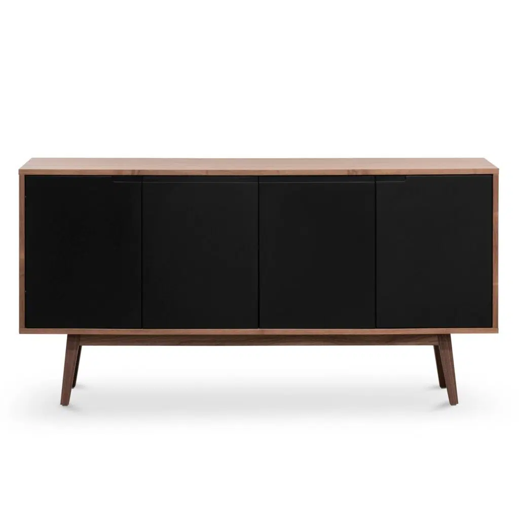Walnut sideboard buffet with black doors and ash legs for modern retro elegance