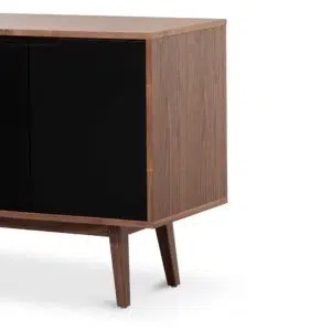Walnut sideboard with black doors featuring modern design and ample storage space for dining room