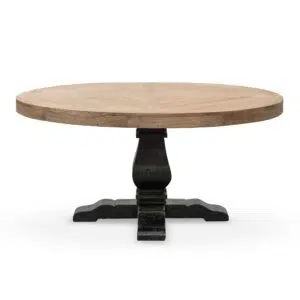 Natural Julianne 1.6m round dining table with black base and reclaimed elm wood top