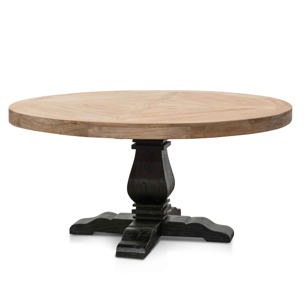 Julianne 1.6m round dining table natural wood with black base for rustic modern homes