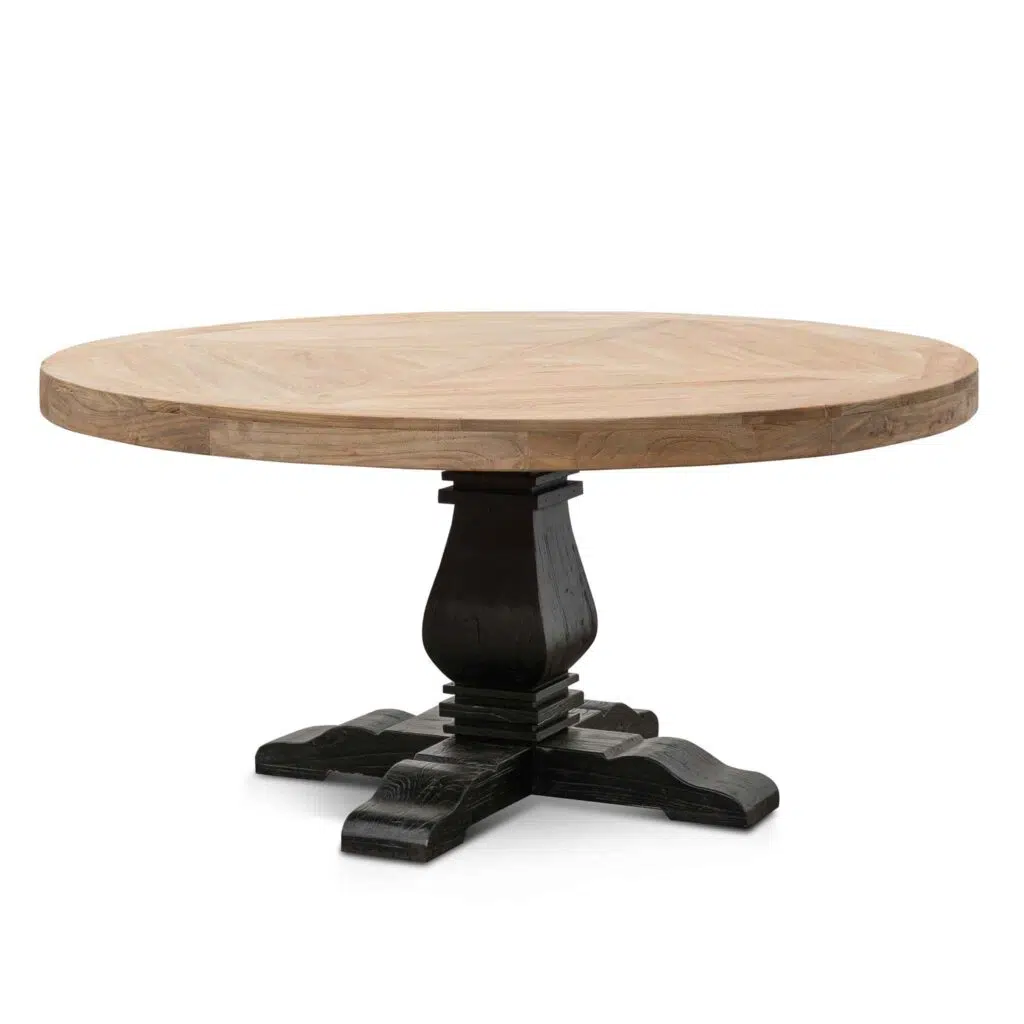 Julianne 1.6m round dining table natural wood with black base perfect for 4-6 people