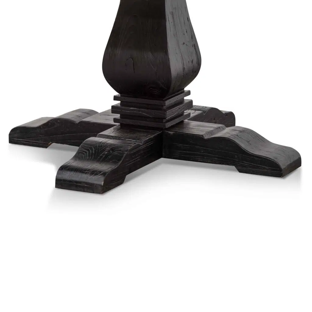 Natural reclaimed elm round dining table with black pedestal base for rustic modern charm