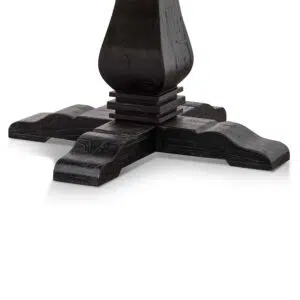 Natural reclaimed elm round dining table with black pedestal base for rustic modern charm