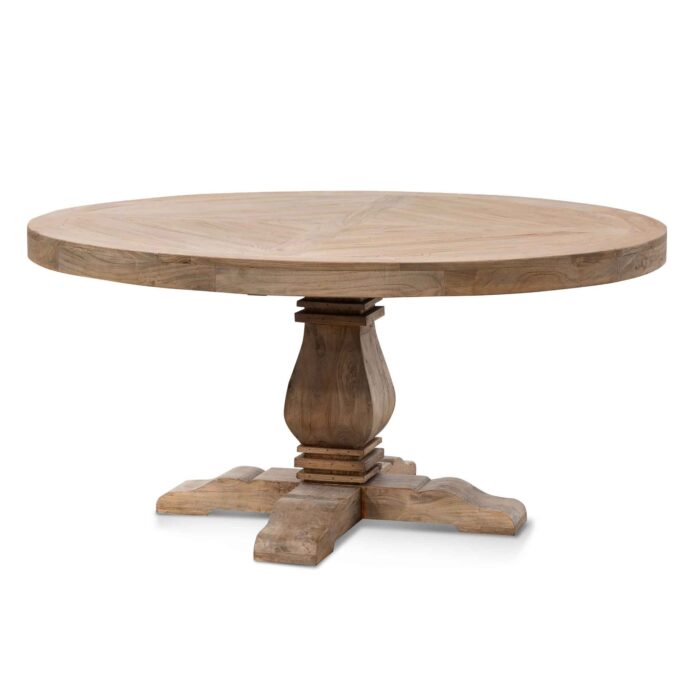 Ellis 1.6m round dining table in natural reclaimed elm wood for rustic modern spaces