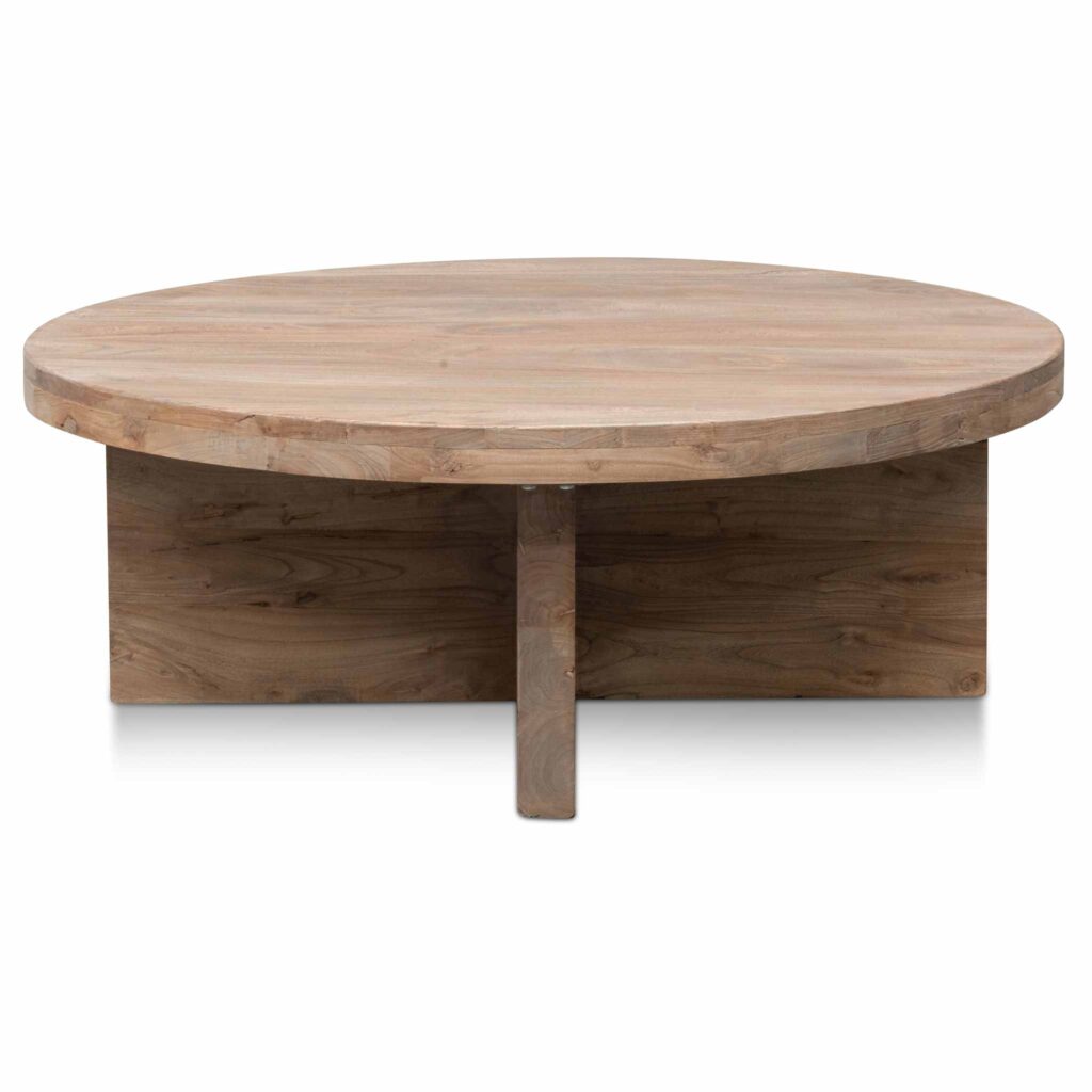 Cassia 100cm round coffee table with natural wood veneer and thick tripod base