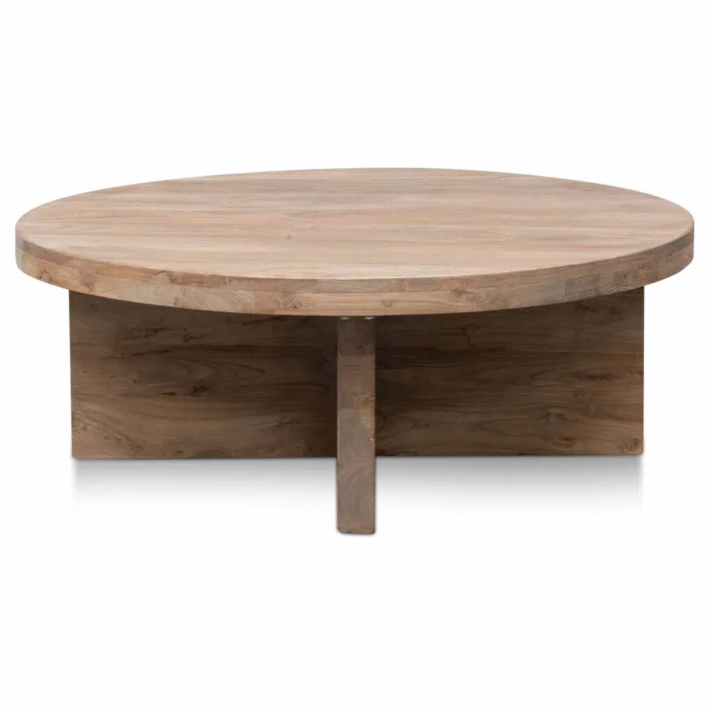 Cassia 100cm round coffee table with natural wood veneer and thick tripod base