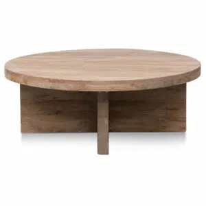 Cassia 100cm round coffee table with natural wood veneer and thick tripod base