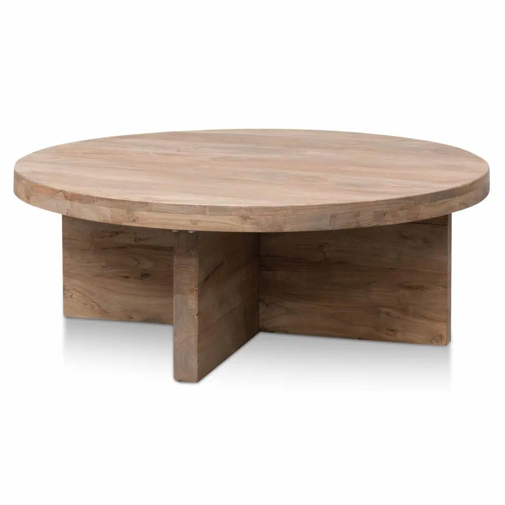 Cassia 100cm round coffee table with natural thick base and reclaimed elm wood top