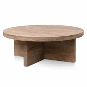 Cassia 100cm round coffee table with natural thick base crafted from reclaimed elm wood