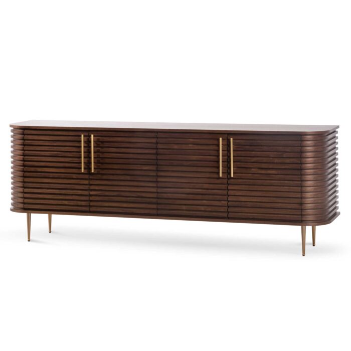 Ethan 2.2m buffet unit with walnut finish and brushed gold base for modern living spaces