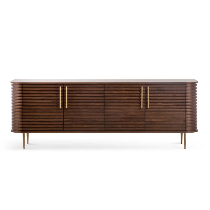 Ethan 2.2m buffet unit with walnut veneer and brushed gold base for modern living spaces