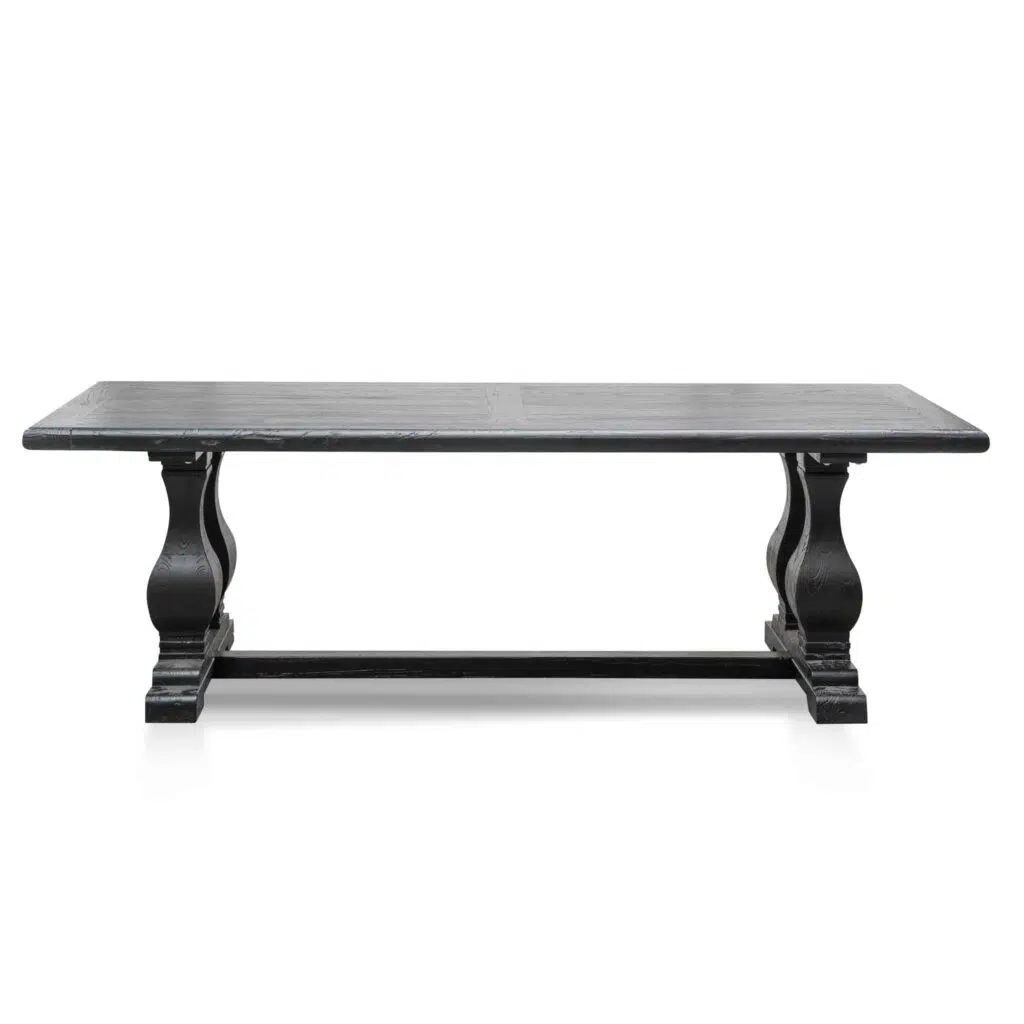 Evie elm wood dining table 2.4m full black rustic elegance with industrial base
