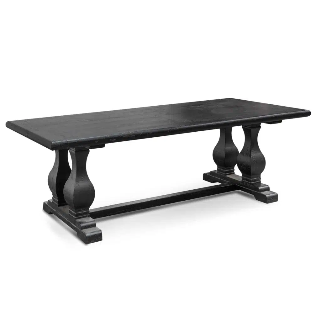 Evie elm wood dining table 2.4m full black rustic elegance with industrial base