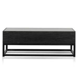 Arlo 1.2m full black elm coffee table with industrial-modern design and glass top