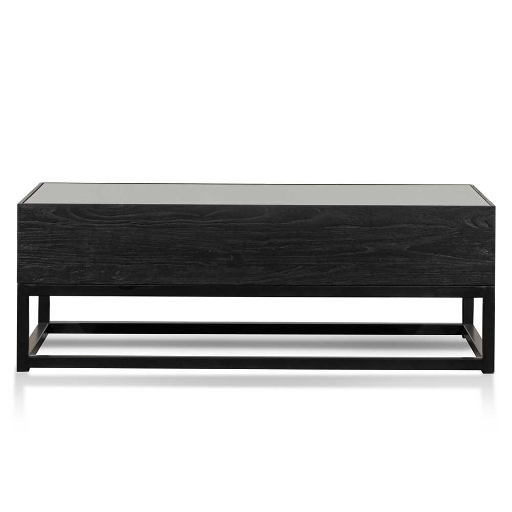 Arlo 1.2m full black elm coffee table with industrial-modern design and glass top