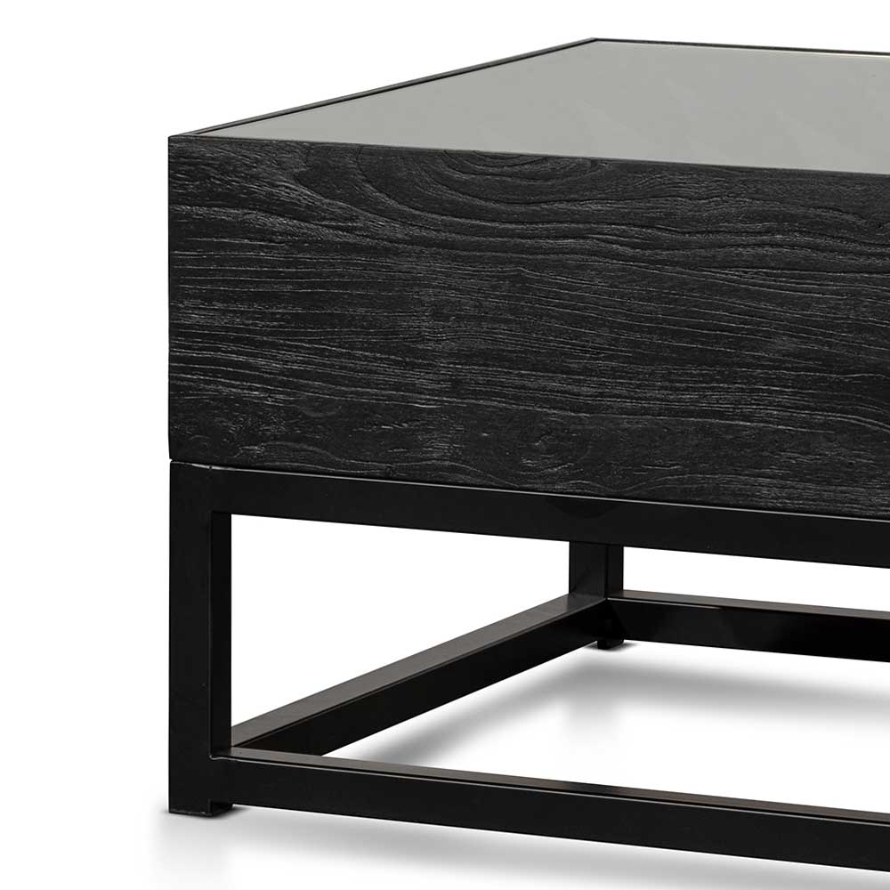 Arlo 1.2m elm coffee table full black industrial modern design reclaimed wood glass top
