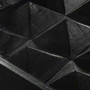 Arlo 1.2m full black elm coffee table with geometric details and powder-coated iron frame