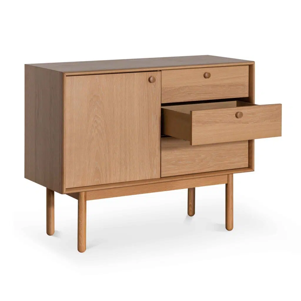 Ava narrow wooden sideboard in natural oak finish for modern rustic storage solutions