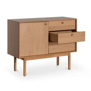Ava narrow wooden sideboard in natural oak finish for modern rustic storage solutions