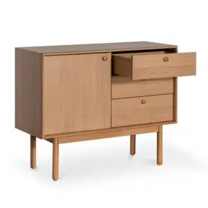 Narrow wooden sideboard in natural finish crafted from American white oak for modern rustic spaces