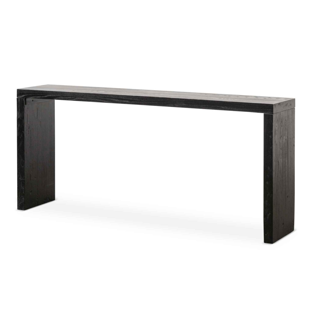 Arlo reclaimed wood console table in black with geometric design and eco-friendly materials