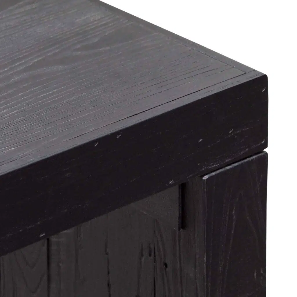 Arlo reclaimed console table in black with geometric design and eco-friendly materials