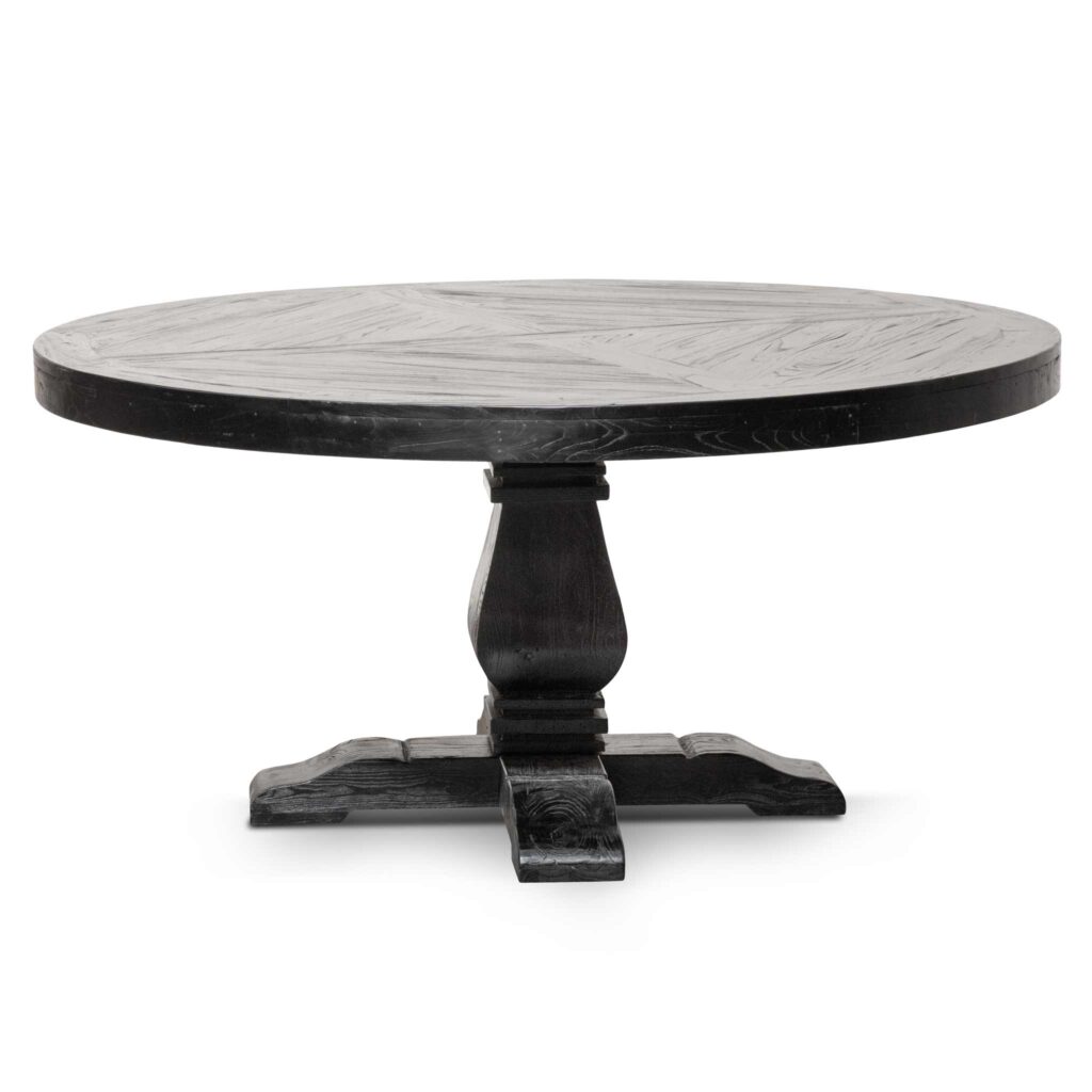 Aria 1.6m round dining table full black sustainable reclaimed elm modern farmhouse