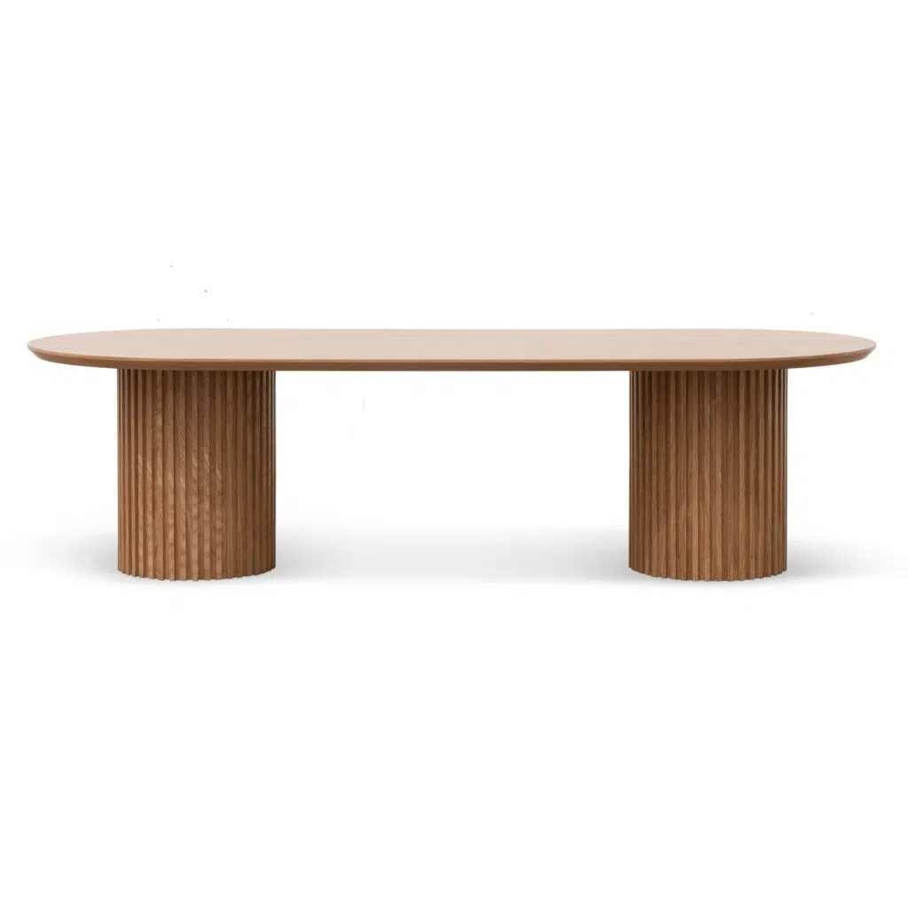 Elias 2.8m wooden dining table with natural finish and elegant pillar base design