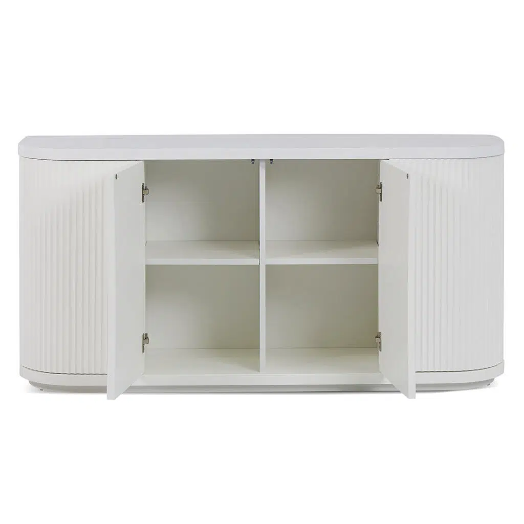 Stella 1.6m white veneer top buffet unit with storage and metal base for dining rooms