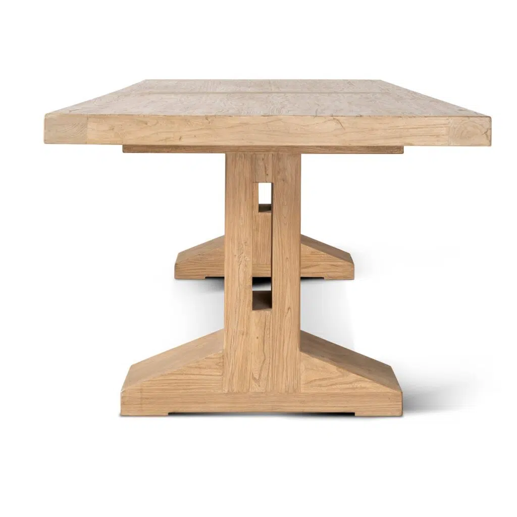 Finn 2.44m Solid Elm Dining Table Modern Rustic Sturdy Pedestal Legs Natural Finish