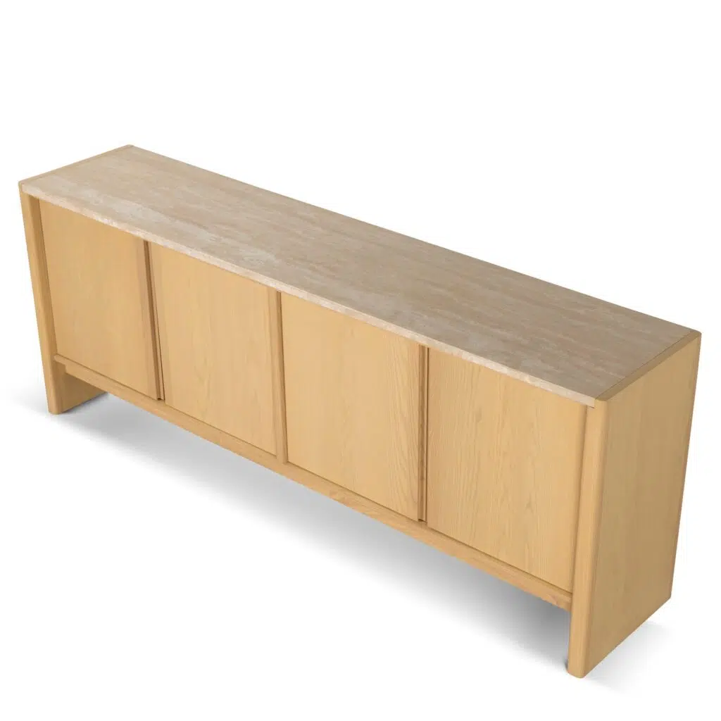 Modern travertine top sideboard unit in creme ash with angled legs and spacious storage