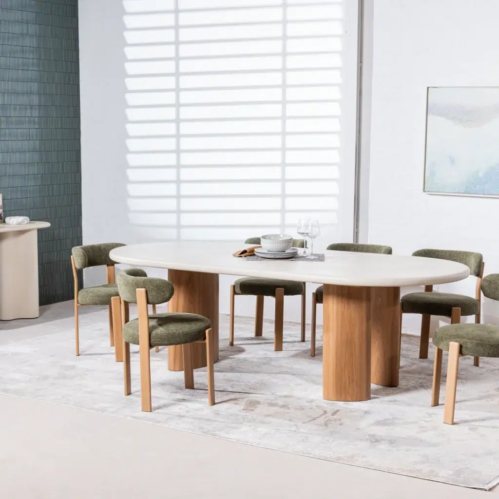 Carmo dining chair in olive set of 2 with ash finished legs and premium boucle fabric