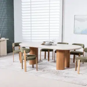 Carmo dining chair in olive set of 2 with ash finished legs and premium boucle fabric